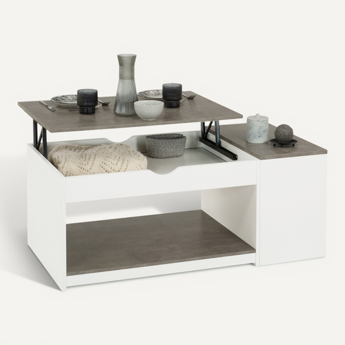 Table Basse Plateau Relevable Rectangulaire Elea Avec Coffre Bois Blanc Et Effet Béton