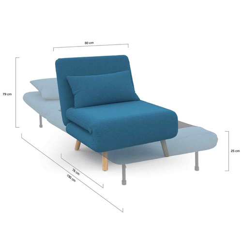 Fauteuil Convertible Romeo Lit D'appoint 1 Place 80x190 Cm Tissu Bleu Canard