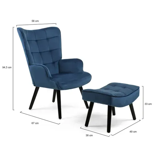 Fauteuil Scandinave Ania Avec Repose Pieds Velours Bleu