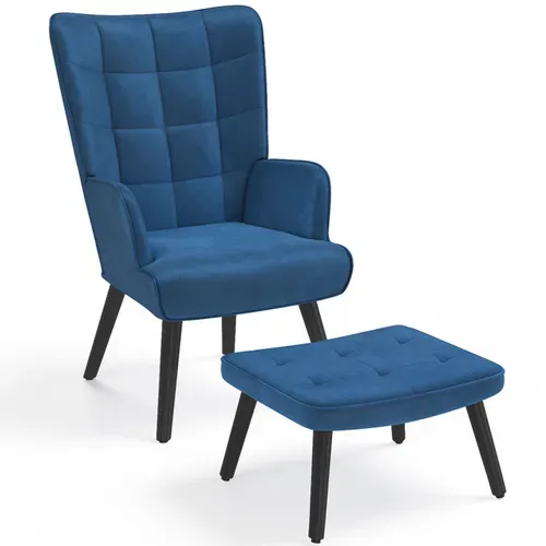 Fauteuil Scandinave Ania Avec Repose Pieds Velours Bleu