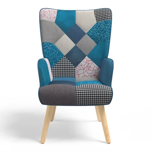 Fauteuil Scandinave Ivar En Tissu Patchwork Et Velours Bleu