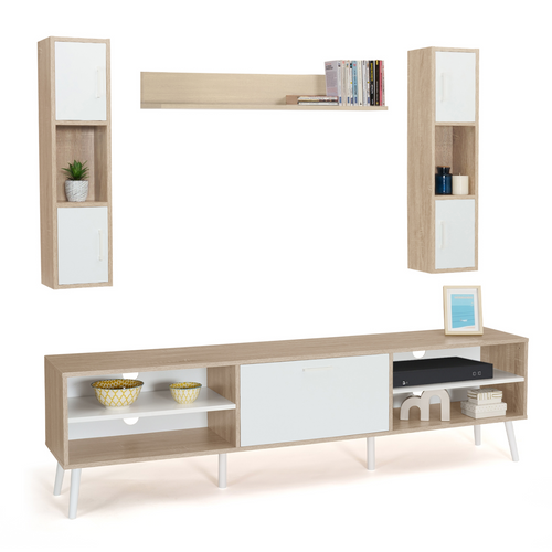 Ensemble Meuble TV 180 Cm Et Étagères Houston Bois Et Blanc