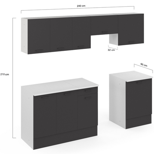 Cuisine Complète 240 Cm Subtil Avec Plan De Travail 7 Éléments Blanc Et Gris
