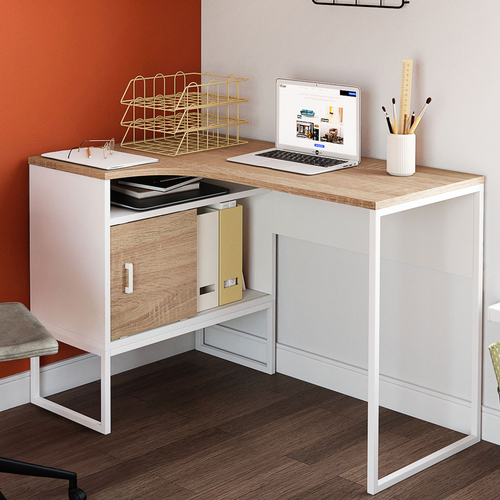 Bureau D'angle Rob Blanc Et Façon Hêtre Niche De Rangement Et Porte Design Industriel