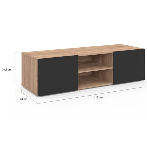 Meuble TV 180 Cm ELI Bois Hêtre Et Noir - 2 Portes, 2 Abattants, 2 Niches - Montage Facile Sans Perceuse