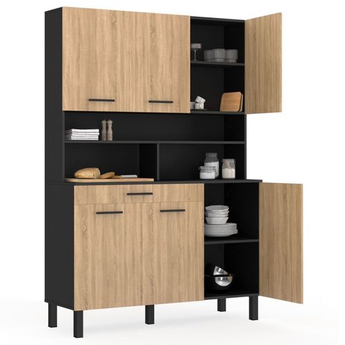 Buffet De Cuisine 120 Cm Cina 6 Portes + Tiroir Noir Et Façon Hêtre
