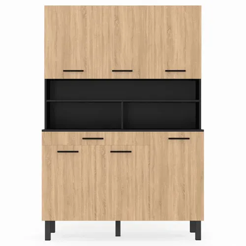 Buffet De Cuisine 120 Cm Cina 6 Portes + Tiroir Noir Et Façon Hêtre