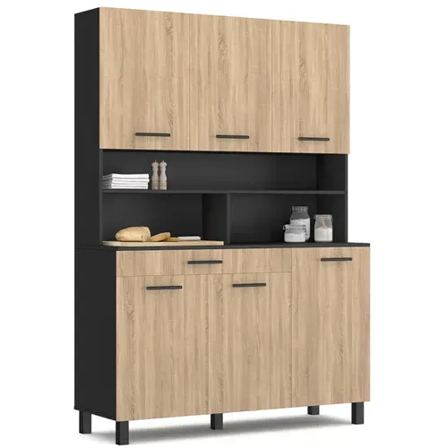 Buffet De Cuisine 120 Cm Cina 6 Portes + Tiroir Noir Et Façon Hêtre