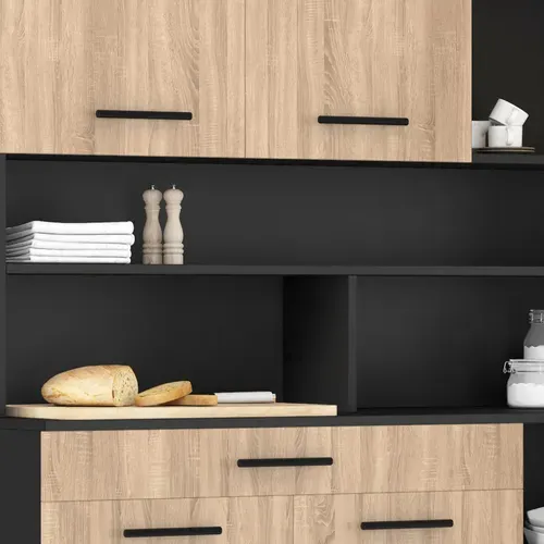 Buffet De Cuisine 120 Cm Cina 6 Portes + Tiroir Noir Et Façon Hêtre