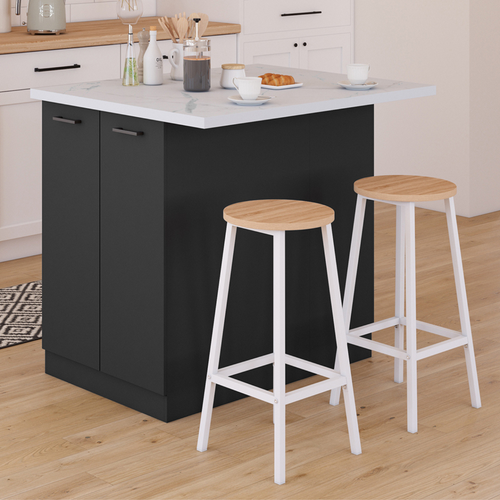 Ilot Central Ivo 100 Cm Bois Noir Avec Plan De Travail Effet Marbre Alaska