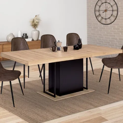 Table à Manger Extensible Rectangle Ugo 6-10 Personnes Bois Façon Hêtre Et Noir 160-200 Cm