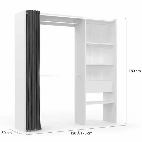 Dressing Extensible Blanc Gris Marty 120/170x50x180cm Avec Rideau + Double Penderie + Étagères