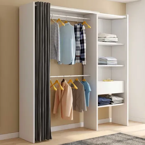 Dressing Extensible Blanc Gris Marty 120/170x50x180cm Avec Rideau + Double Penderie + Étagères