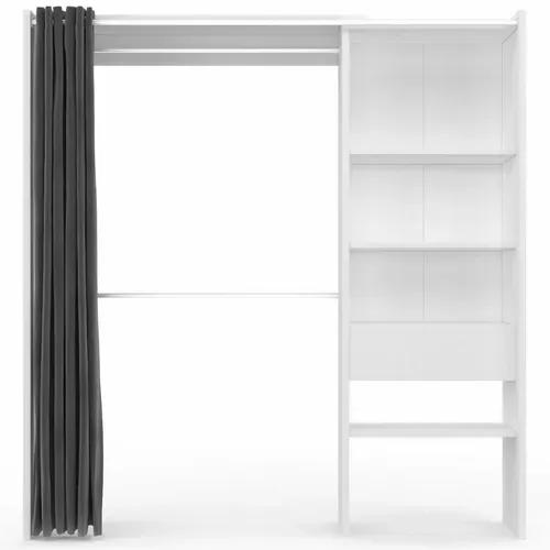 Dressing Extensible Blanc Gris Marty 120/170x50x180cm Avec Rideau + Double Penderie + Étagères