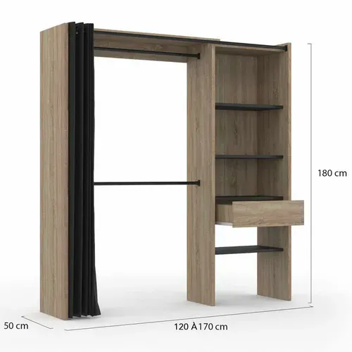 Dressing Extensible Bois Noir Marty 120/170x50x180cm Avec Rideau + Double Penderie + Étagères