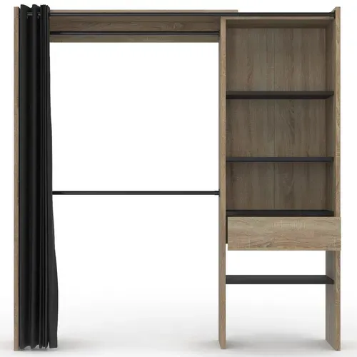 Dressing Extensible Bois Noir Marty 120/170x50x180cm Avec Rideau + Double Penderie + Étagères