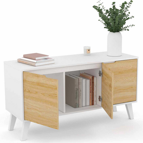 Buffet Bas Scandinave 113 Cm Finn 3 Portes Blanc Et Bois Façon Hêtre