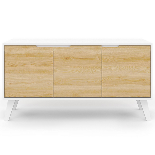 Buffet Bas Scandinave 113 Cm Finn 3 Portes Blanc Et Bois Façon Hêtre