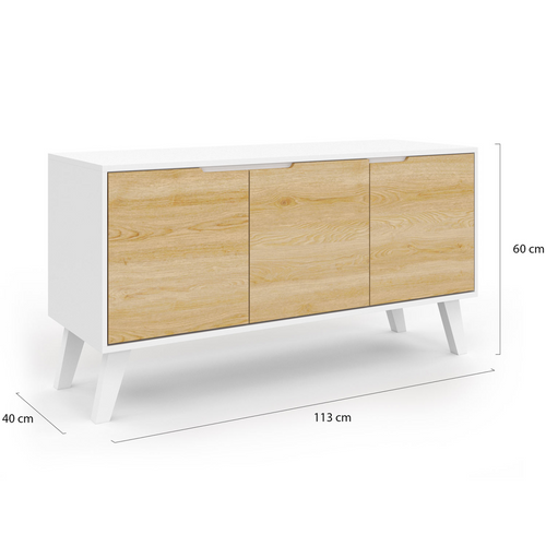 Buffet Bas Scandinave 113 Cm Finn 3 Portes Blanc Et Bois Façon Hêtre
