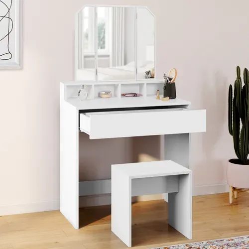 Coiffeuse Zelia 3 Miroirs Avec 4 Niches, 1 Tiroir Et Tabouret