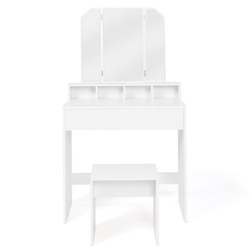 Coiffeuse Zelia 3 Miroirs Avec 4 Niches, 1 Tiroir Et Tabouret