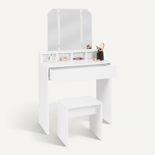Coiffeuse Zelia 3 Miroirs Avec 4 Niches, 1 Tiroir Et Tabouret