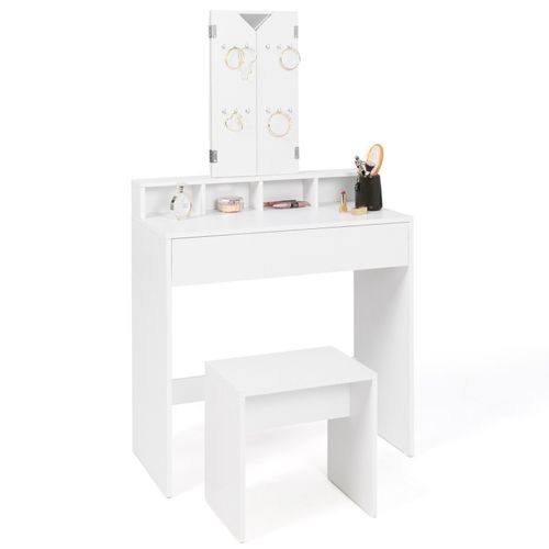 Coiffeuse Zelia 3 Miroirs Avec 4 Niches, 1 Tiroir Et Tabouret