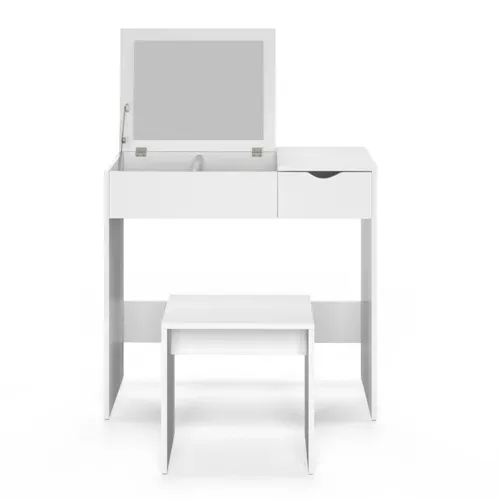 Coiffeuse Zelia Miroir Rabattable Avec 1 Tiroir Et 1 Tabouret