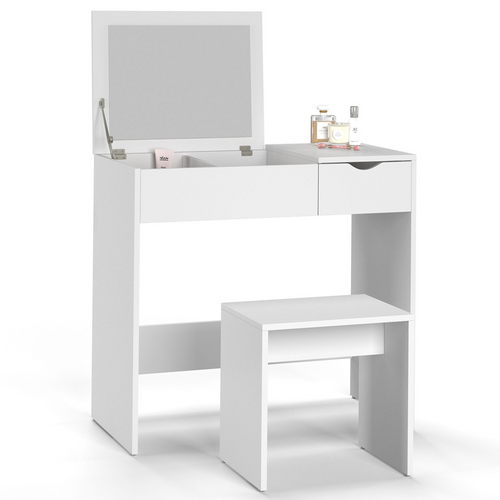 Coiffeuse Zelia Miroir Rabattable Avec 1 Tiroir Et 1 Tabouret