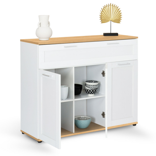 Buffet Bas VITO 100 Cm 3 Portes 1 Tiroir - Blanc & Plateau Bois - Style Campagne Chic - IDMarket