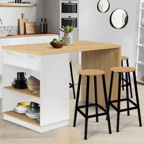 Ilot Central Mange Debout 4 Personnes Vito 130 Cm Blanc Et Plateau Bois