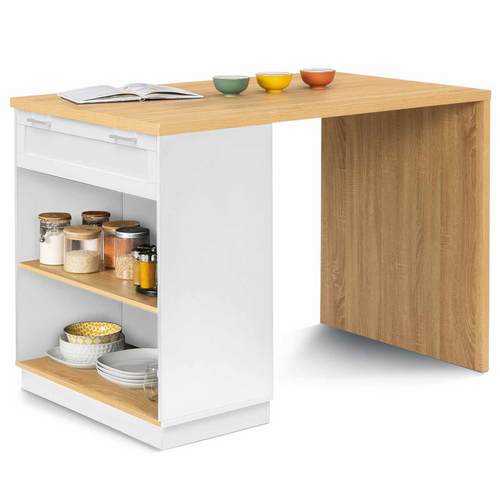 Ilot Central Mange Debout 4 Personnes Vito 130 Cm Blanc Et Plateau Bois