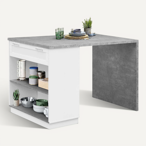 Ilot Central Mange Debout 4 Personnes Vito 130 Cm Blanc Et Plateau Effet Béton