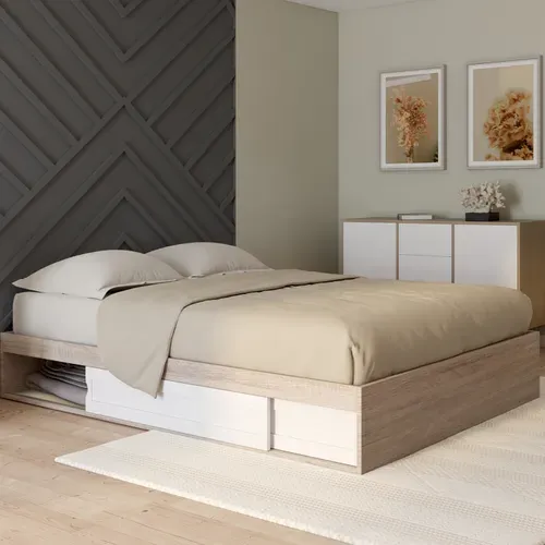 Cadre De Lit Double Salem Avec Rangements Et Sommier 140 X 190 Cm Façon Hêtre Et Blanc