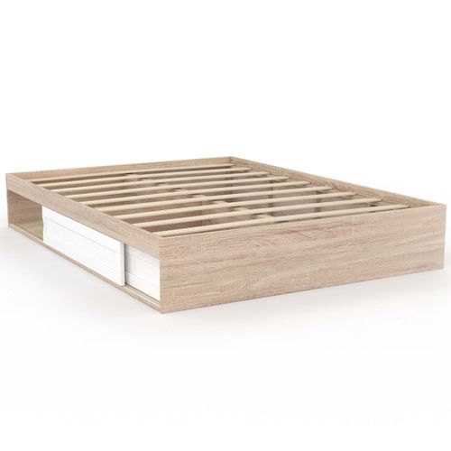Cadre De Lit Double Salem Avec Rangements Et Sommier 140 X 190 Cm Façon Hêtre Et Blanc