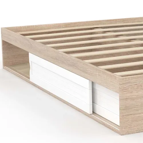 Cadre De Lit Double Salem Avec Rangements Et Sommier 140 X 190 Cm Façon Hêtre Et Blanc