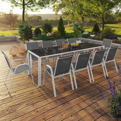 Salon De Jardin Madrid Table 240 Cm Et 10 Chaises Empilables Blanc Et Gris