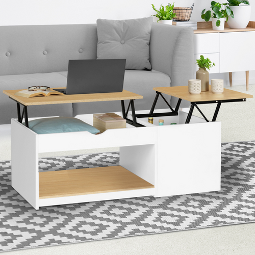 Table Basse 2 Plateaux Relevables Elea Avec Coffre Bois Blanc Et Façon Hêtre