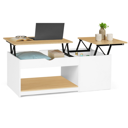 Table Basse 2 Plateaux Relevables Elea Avec Coffre Bois Blanc Et Façon Hêtre