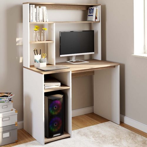 Bureau Avec Étagères De Rangement Dan Blanc Et Façon Hêtre