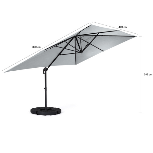 Parasol Déporté Inclinable Rotatif 360 Calvi Gris Clair 3x4 M Avec 4 Dalles Et Housse