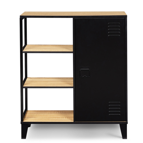 Buffet D'appoint 3 Étagères Et Placard Métal Noir Et Plateau Bois 70 Cm Ester Design Industriel