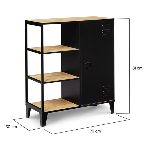 Buffet D'appoint 3 Étagères Et Placard Métal Noir Et Plateau Bois 70 Cm Ester Design Industriel