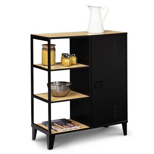 Buffet D'appoint 3 Étagères Et Placard Métal Noir Et Plateau Bois 70 Cm Ester Design Industriel