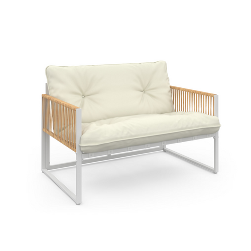 Salon De Jardin Bas Rio 4 Places Structure Métal Blanc, Cordage Effet Rotin Clair Et Coussins Beiges