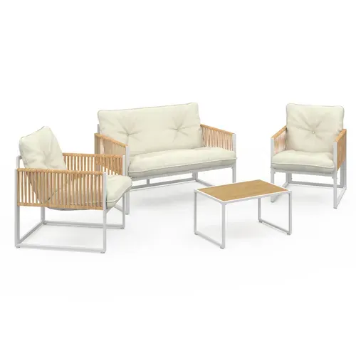 Salon De Jardin Bas Rio 4 Places Structure Métal Blanc, Cordage Effet Rotin Clair Et Coussins Beiges