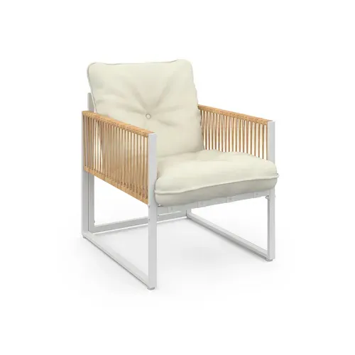 Salon De Jardin Bas Rio 4 Places Structure Métal Blanc, Cordage Effet Rotin Clair Et Coussins Beiges
