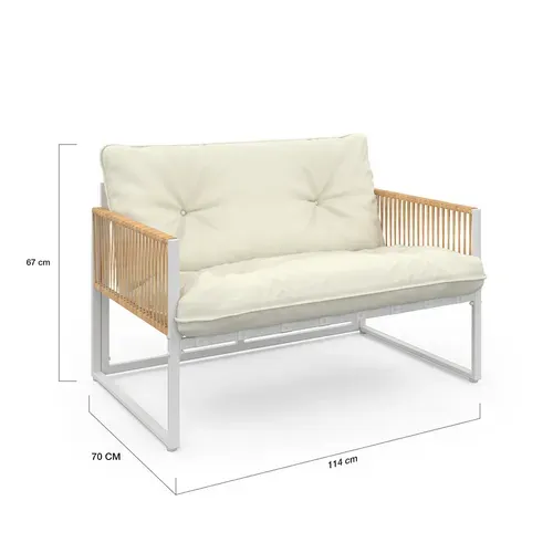Salon De Jardin Bas Rio 4 Places Structure Métal Blanc, Cordage Effet Rotin Clair Et Coussins Beiges