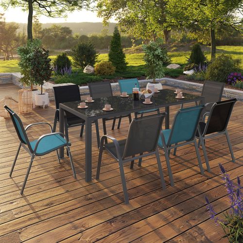 Salon De Jardin Madrid Table 190 Cm Et 8 Chaises Empilables Mix Color Bleu, Gris Et Noir