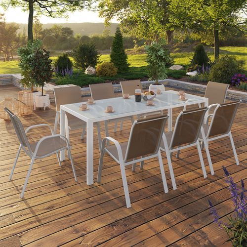 Salon De Jardin Madrid Table 190 Cm Et 8 Chaises Empilables Blanc Et Beige